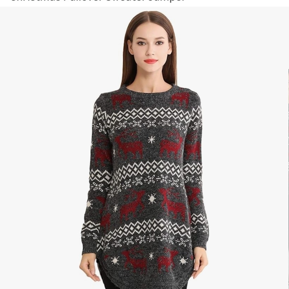 Dark Gray Crewneck Fair Isle Sweater with Red Reindeer